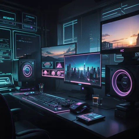A purple and blue neon light computer desk with multiple monitors and a keyboard, cyber neon lighting, neon lighting, in a large...