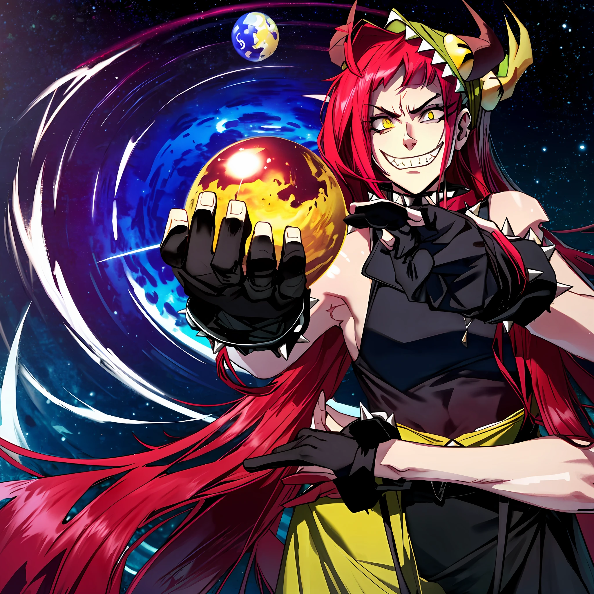 cinematic highlight, demencia, evil grin, looking at viewer, hands raised, yellow eyes, striped, cut out dress, sleeveless, dress, stomach, horns, thighhighs, fingerless gloves, jewelry, bracelet, spikes, wearing a dress, (cosmic background, photo-realistic), (midriff exposed:1.2), (holding a small planet, woman holding an orb), intense character expression