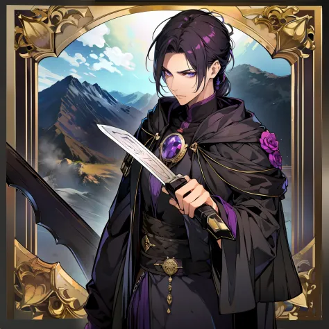 4K，Complicated details，HighestQuali，A man in a robe holds a sword，His eyes were full of killing intent，The overall tone suppresses sadness，deep colour，black in color，Deep black，purpleish color，Mountains and mountains。magia，The feeling of loneliness，repress...