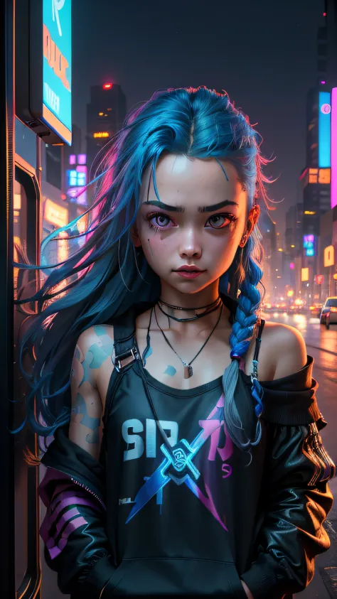 (masterpiece), best quality, ultra high res,little girl, cyberpunk 1girl flying above stunning cityscape ,hoodie,blue hair,  neon color shooting stars, very long hair, off shoulder, feather hair ornament, neon colors, flashes, stunning night sky, cinematic...