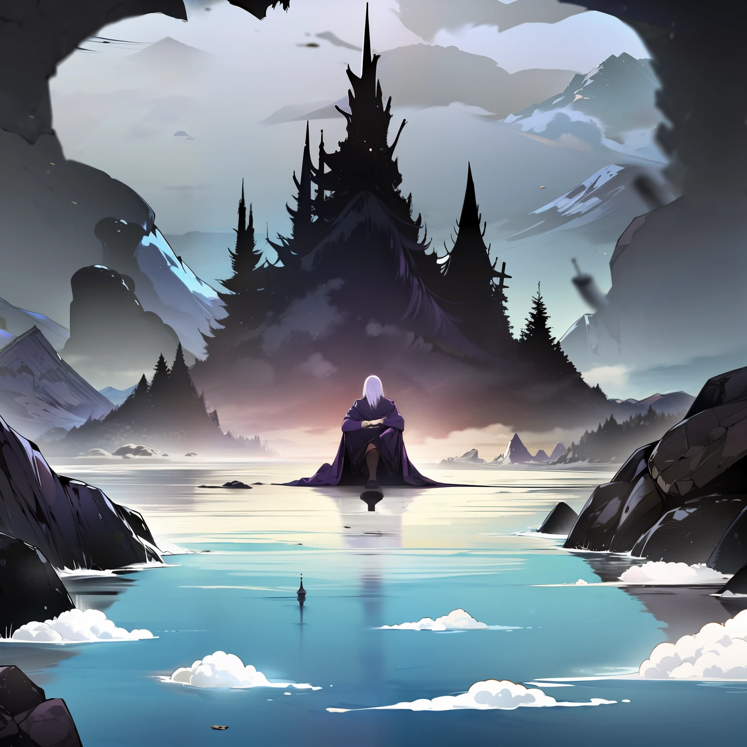 4K，Complicated details，HighestQuali，A man in a robe sits alone on a cloud in the sky，looking at the distance，The tone suppresses sadness，deep colour，black in color，Deep black，purpleish color，Mountains and mountains。magia，The feeling of loneliness，repression，Tattered tunic