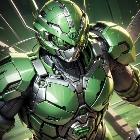 handsome man, made of green metal, (green cyborg: 1.1), (((green power ranger's style helmet with chrome face plate))), ([tail |...