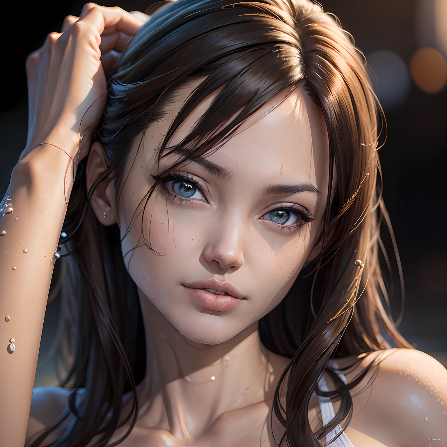 Realistic female portrait，photographrealistic，Dynamic Lighting，artstation，poster for，Volumetriclighting，Very detailed faces，4 K，Award-Awarded，，1girl，in the darkness nigth，deep shading，low tune，White bikini photo,(swim wears:1.4),long whitr hair,brunette color hair, oriental face --auto