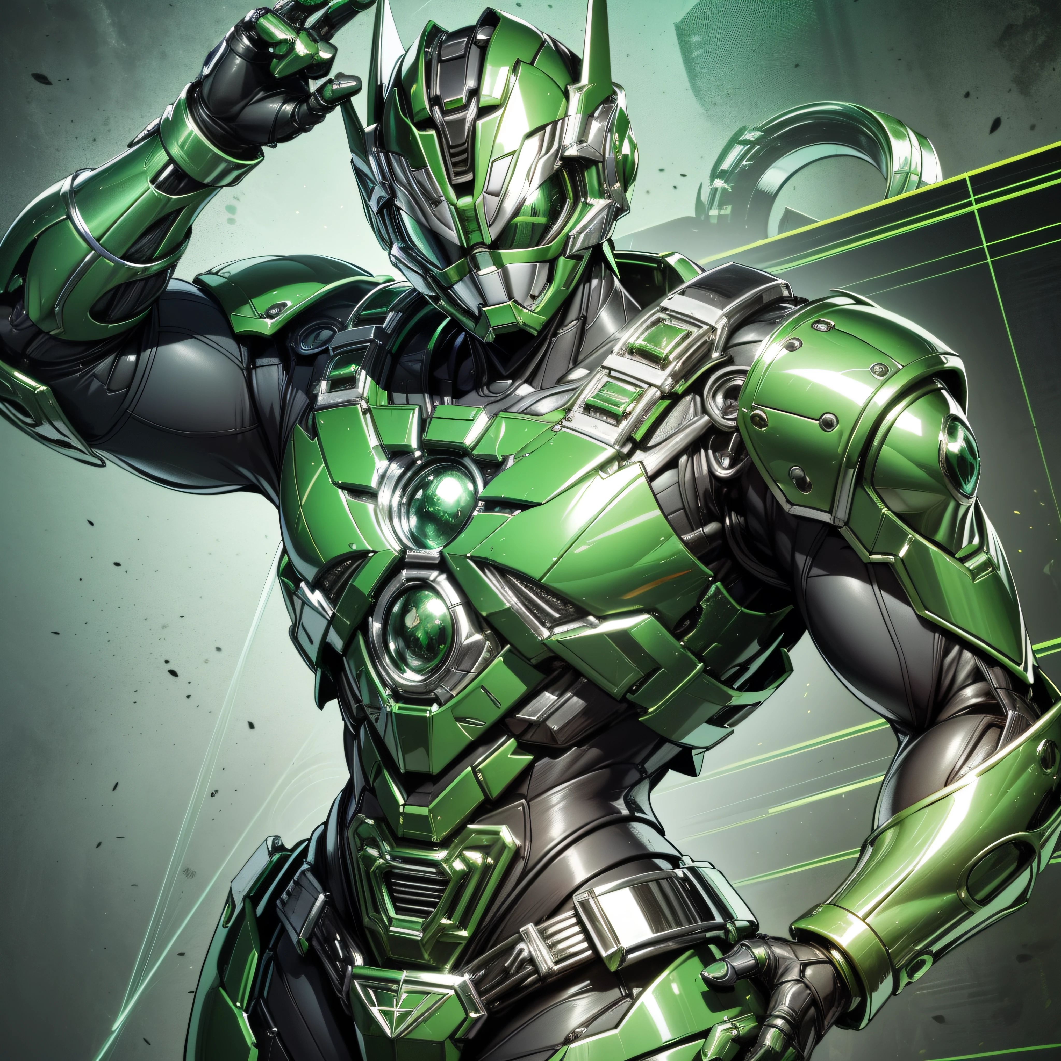 Handsome man, made of Green metal, (Green Cyborg: 1.1), (((Green Power Ranger's style helmet with chrome face plate))), ([Tail | Detail Wire]: 1.3), (Complex Detail), HDR, (Complex Detail, Ultra Detail: 1.2), Cinematic Shot, Masterpiece, Best Quality, High Resolution, Vaginal Foreign Object Insertion, Centering