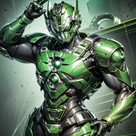 handsome man, made of green metal, (green cyborg: 1.1), (((green power ranger's style helmet with chrome face plate))), ([tail |...