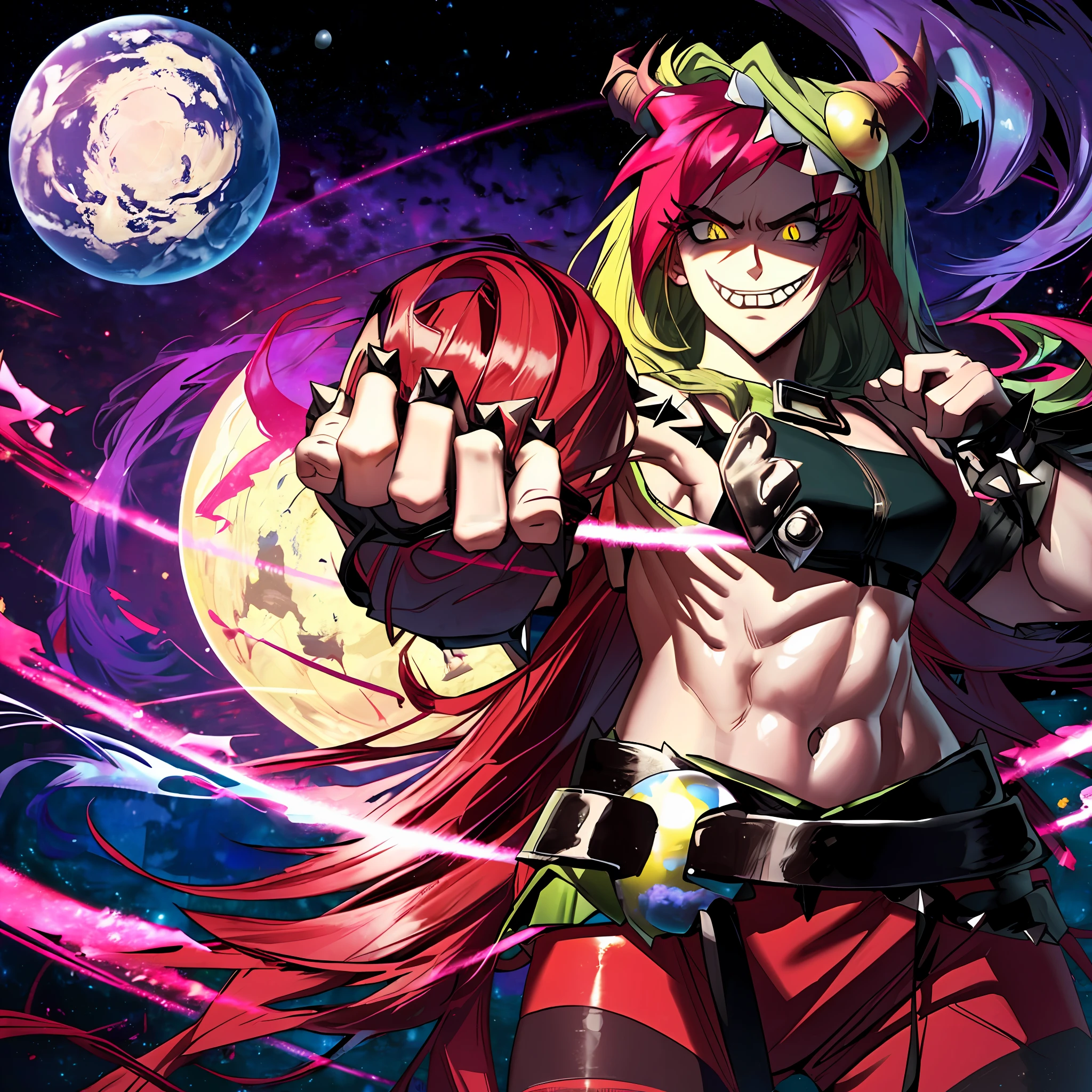 cinematic highlight, demencia, evil grin, looking at viewer, hands raised, yellow eyes, striped, cut out dress, sleeveless, dress, stomach, horns, thighhighs, fingerless gloves, jewelry, bracelet, spikes, wearing a dress, (cosmic background, photo-realistic), (midriff exposed:1.9), (holding a small planet, woman holding an orb), intense character expression