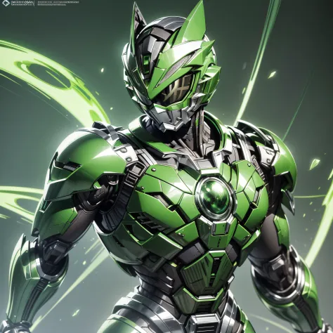 handsome man, made of green metal, (green cyborg: 1.1), (((green power ranger's style helmet with chrome face plate))), ([tail |...