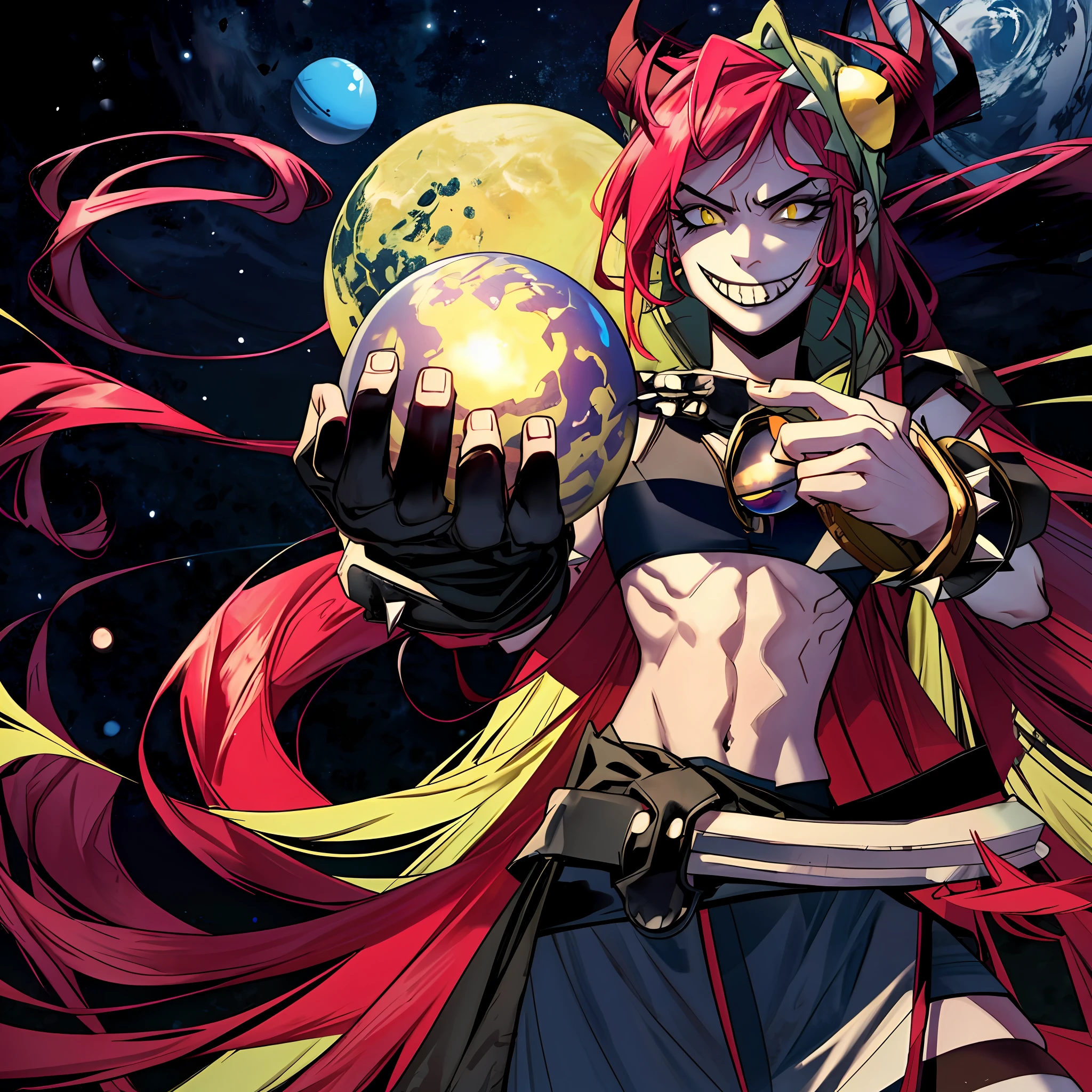 cinematic highlight, demencia, evil grin, looking at viewer, hands raised, yellow eyes, striped, cut out dress, sleeveless, dress, stomach, horns, thighhighs, fingerless gloves, jewelry, bracelet, spikes, wearing a dress, (cosmic background, photo-realistic), (midriff exposed:1.4), (holding a small planet, woman holding an orb), intense character expression