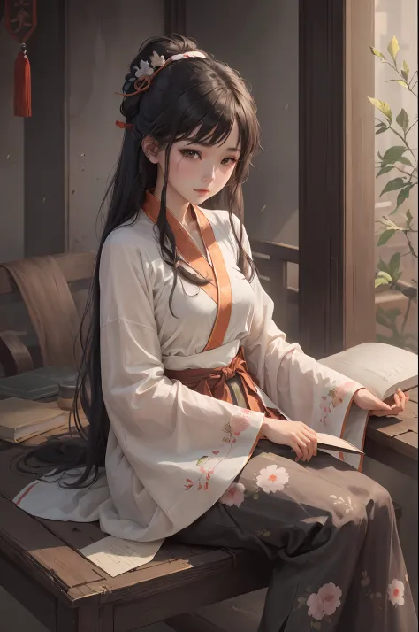 wearing hanfu a girl sitting on a table, with a book in his left hand, right hand a comb, character, beautiful chinese girl, 4 k...