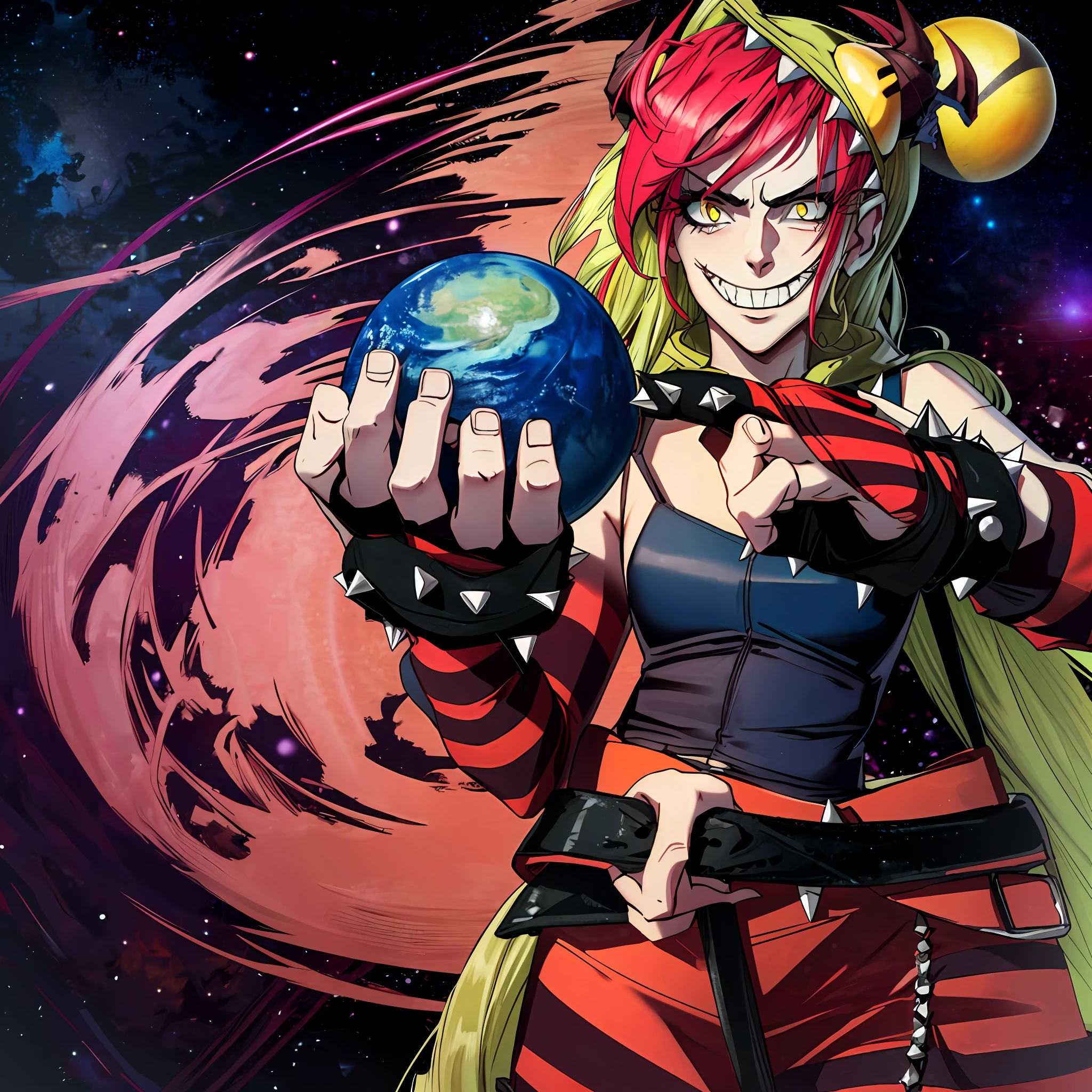 cinematic highlight, demencia, evil grin, looking at viewer, hands raised, yellow eyes, striped, cut out dress, sleeveless, dress, stomach, horns, thighhighs, fingerless gloves, jewelry, bracelet, spikes, wearing a dress, (cosmic background, photo-realistic), (((midriff exposed))), (holding a small planet, woman holding an orb), intense character expression