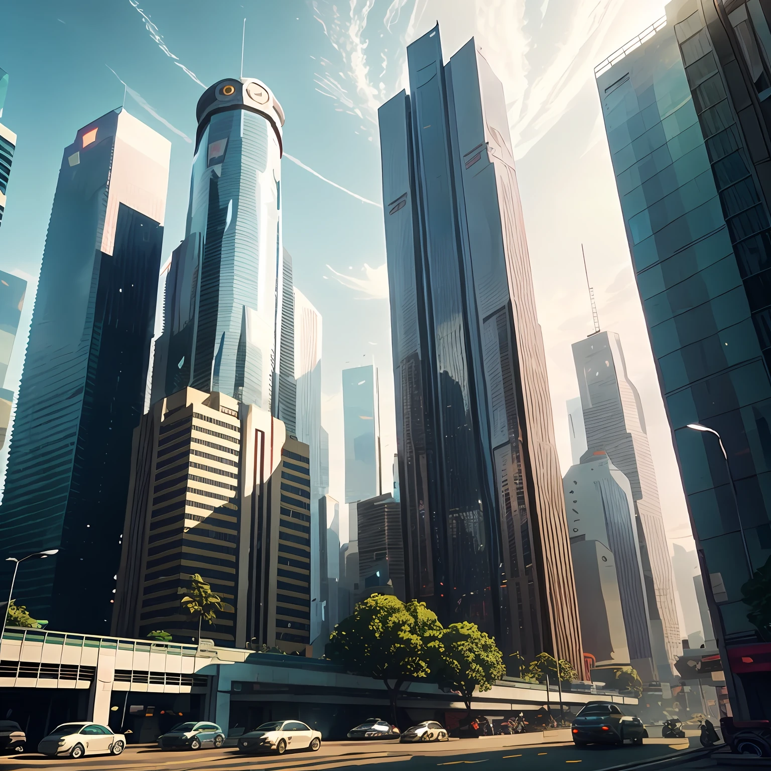 cars are driving down a city street in the daytime, 3 d render beeple, highly realistic concept art, futuristic city street, hyper realistic cyberpunk city, cinematic beeple, photorealistic concept art, beeple rendering, photorrealistic concept art, hyperrealistic concept art, amazing photorealistic graphics, ultra realistic concept art, vista of futuristic city