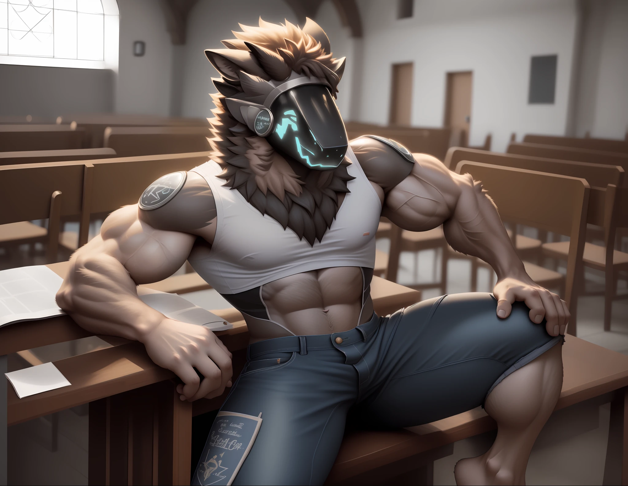 Protogen: muscular male male wearing a tank top, jean shorts with a bible on his shoulder, taking photo in evangelical church, smiling, male protogen, sexy, muscular, extremely hairy, anatomically perfect