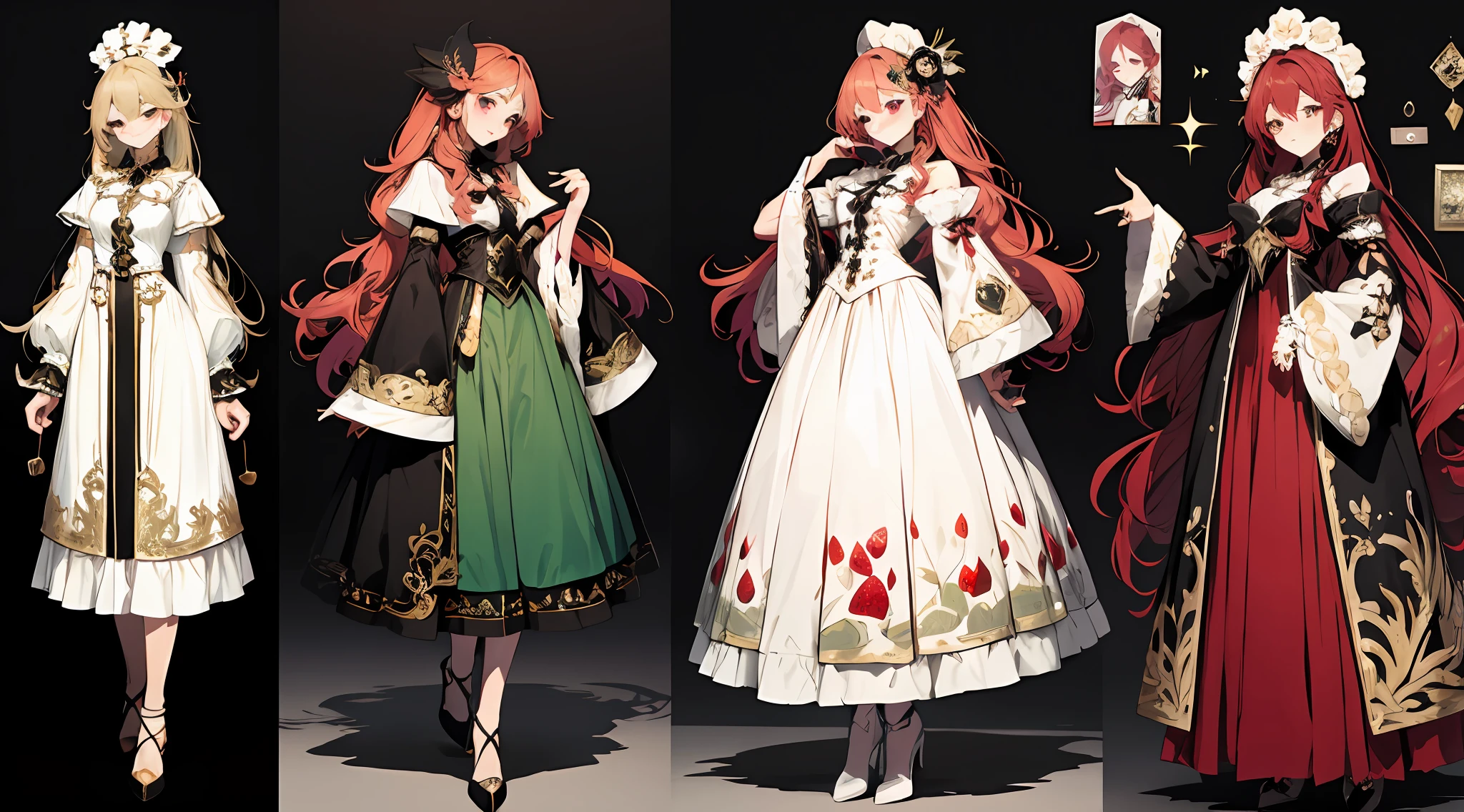 Three-view of roles，character  design，Character design，Three View，full bodyesbian，frontage，Lateral face，on  back，Set，Lolita prostitute，Very gorgeouaximalism，extreme hight detail，RococoStyle，Super long hair，Complex accessories，Complex hairstyles，Strawberry theme，dark red color，green color，cherry hair ornament，Cherry-shaped gemstone，Skirts of various materials，Different fabrics，（（long  skirt）），Tailing，light yarn