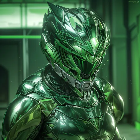 full body image, handsome man, made of green metal, (green cyborg: 1.1), (((green power ranger's style helmet with chrome face p...