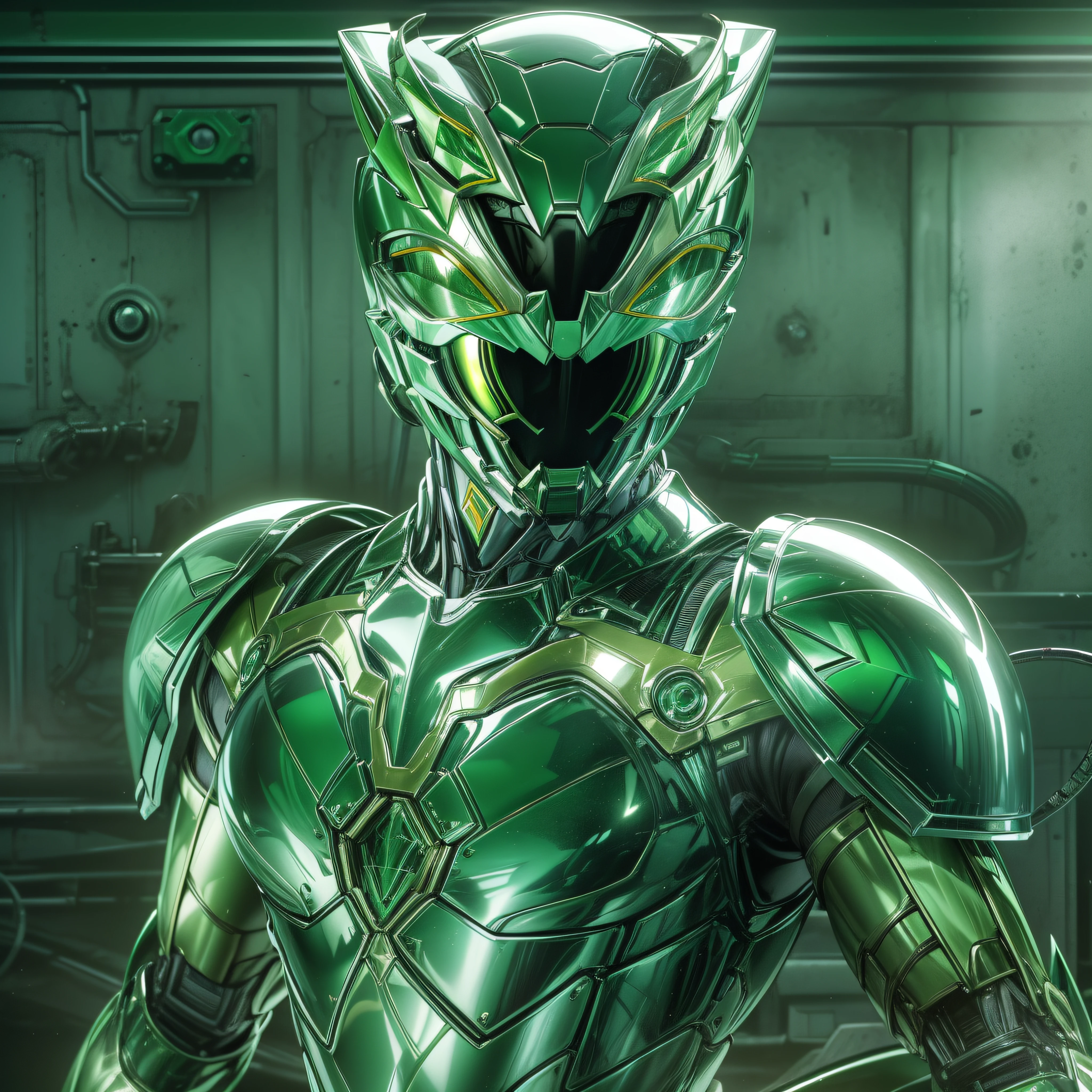 Full body image, Handsome man, made of Green metal, (Green Cyborg: 1.1), (((Green Power Ranger's style helmet with chrome face plate))), ([Tail | Detail Wire]: 1.3), (Complex Detail), HDR, (Complex Detail, Ultra Detail: 1.2), Cinematic Shot, Masterpiece, Best Quality, High Resolution, Vaginal Foreign Object Insertion, Centering