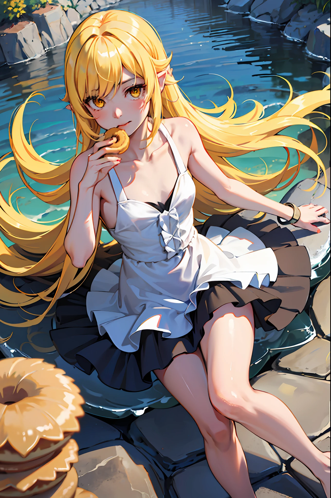 1girl in, Solo, Female, (Oshino_shinobu),(Blonde) (Blonde_hair), (yellow_hair), ((long_hair)), ((Bangs)), (yellow_Eyes), blush, Cute, Innocent face, spiky_Ears, (blush_a sticker), Flat_Chest,
Dress, Bow, Bracelet, tusk, Holding_food, donut, inner strength, Eating, food, spark of light, sparkly eyes, Particle, Happy, toenails, Hands, Fingers, retention
Global Illumination, nffsw, Subsurface scattering, masutepiece, 4K, raytrace, Beautiful, sharp, Smooth skin, bloom, anime
sunset, Nature, mountainscape, Clouds, tussock, Flowers, fireflys, lake