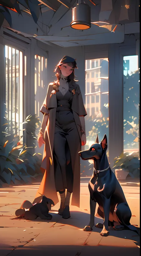 woman with doberman,, masterpiece, best quality, (extremely detailed CG unity 8k wallpaper), (best quality), (best illustration)...