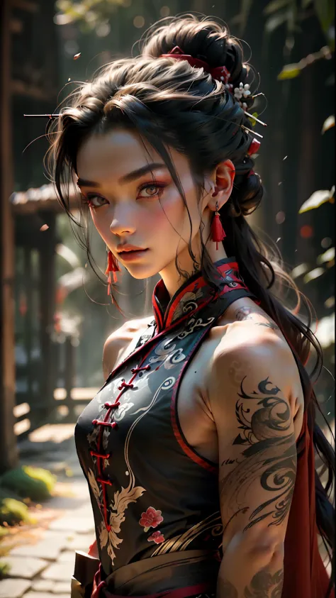 wuxia, arte vetorial, mulher 1ebony com tatuagens, cabelo preto, roupas brancas, ESTAMPA DE DRAGAO, TATUAGEM DE GRAGAO, super co...