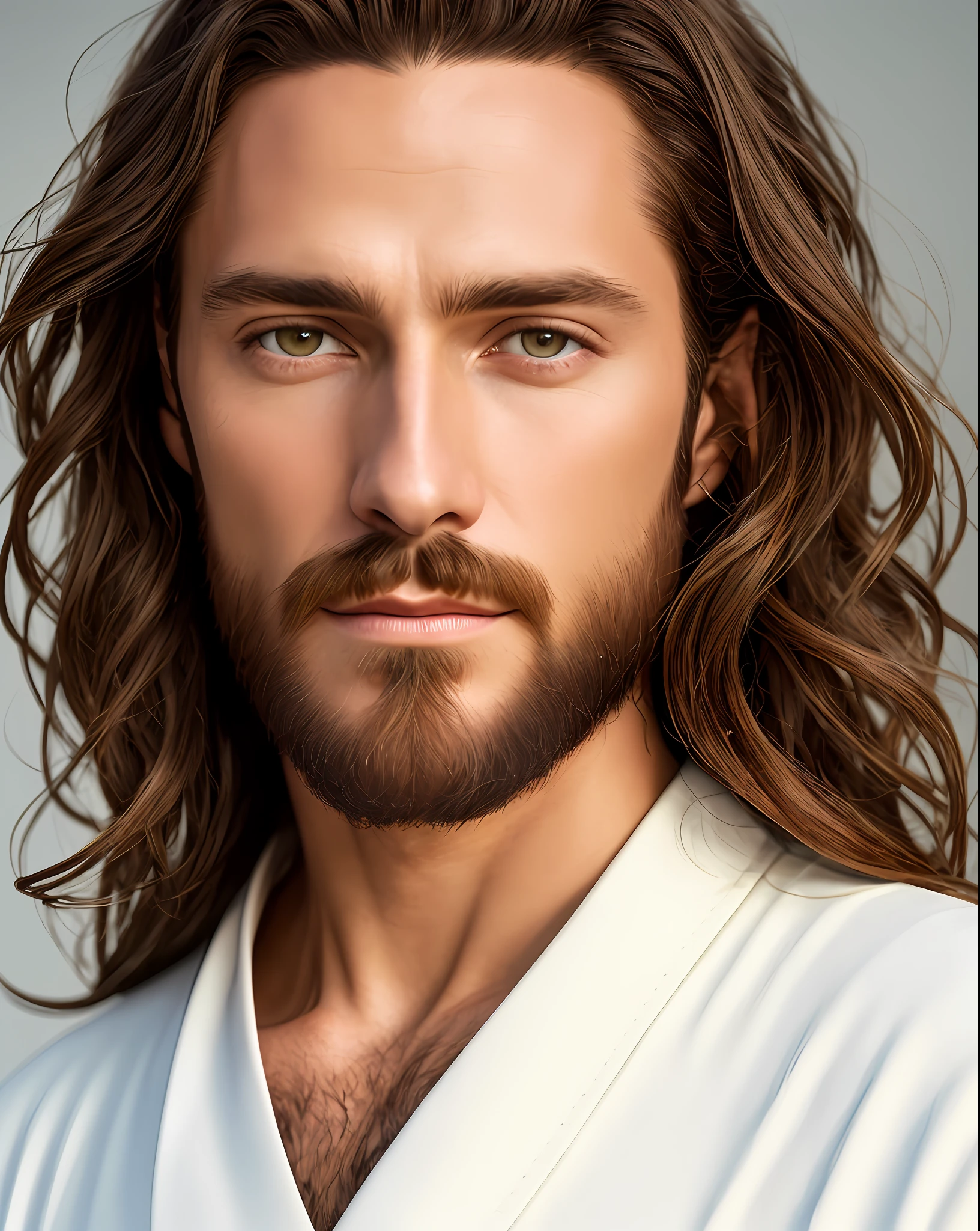 (symmetry),centered,a ((close)) up portrait,(Jesus),a very thin white man with long hair and a beard,wearing a long white robe,35mm,natural skin,clothes  detail, 8k texture, 8k, insane details, intricate details, hyperdetailedhighly detailed,realistic,soft cinematic light,HDR,sharp focus, ((((cinematic look)))),intricate, elegant, highly detailed