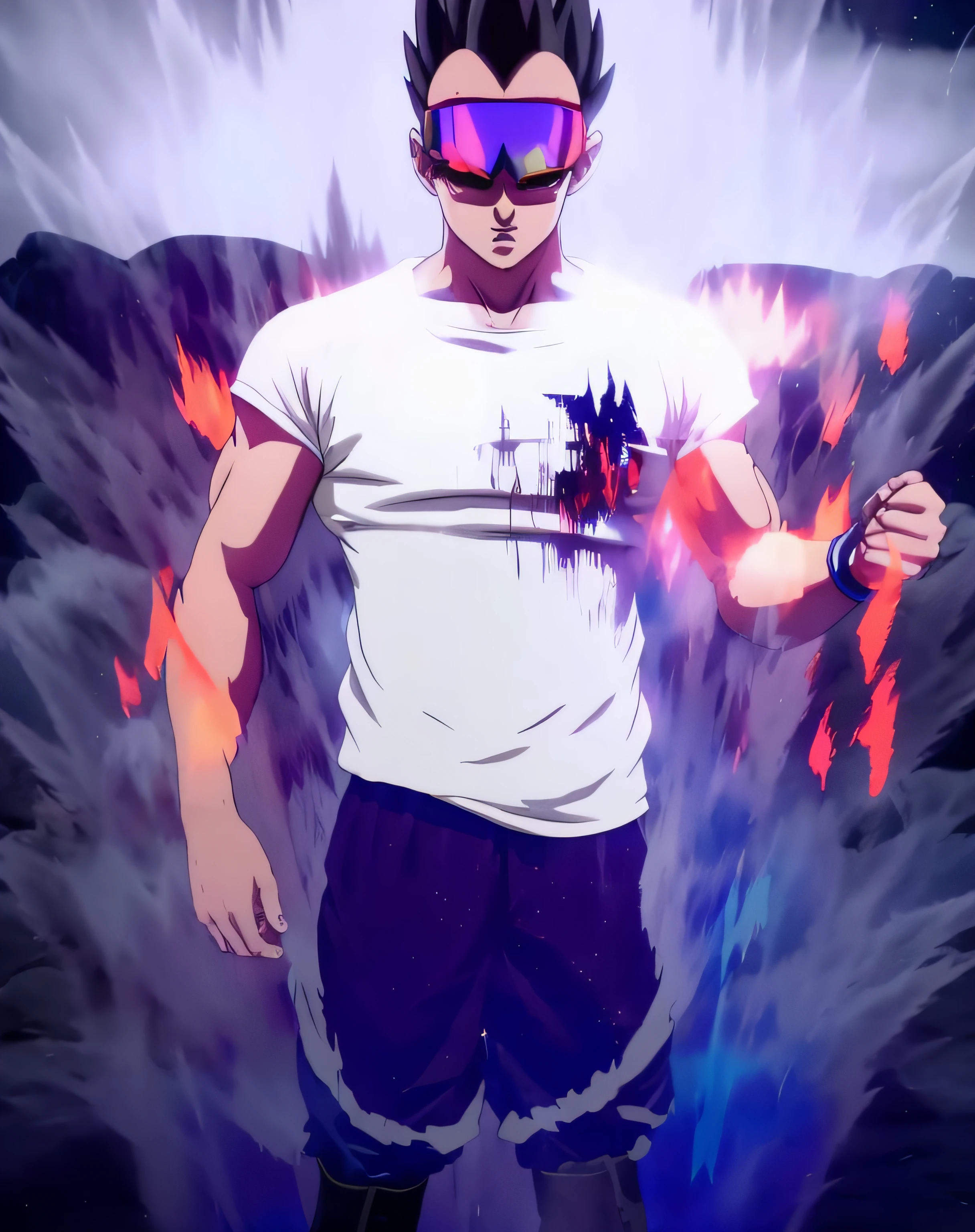 Uma foto obra-prima premiada de um super saiyan com cores psicodélicas de ki aura. parado no planeta Vegeta à noite(luas no céu:1.2). usando óculos brilhantes de cor neon, 8K, (alta qualidade:1.1), (Sensação cinematográfica:1.1), sombras escuras e profundas, detalhes incrivelmente intrincados, arte , (de perto:1.1), de cima, olhando para o espectador, (brilhos de luz:1.1), (Aberração cromática,:1.2) background with floating light arteifacts