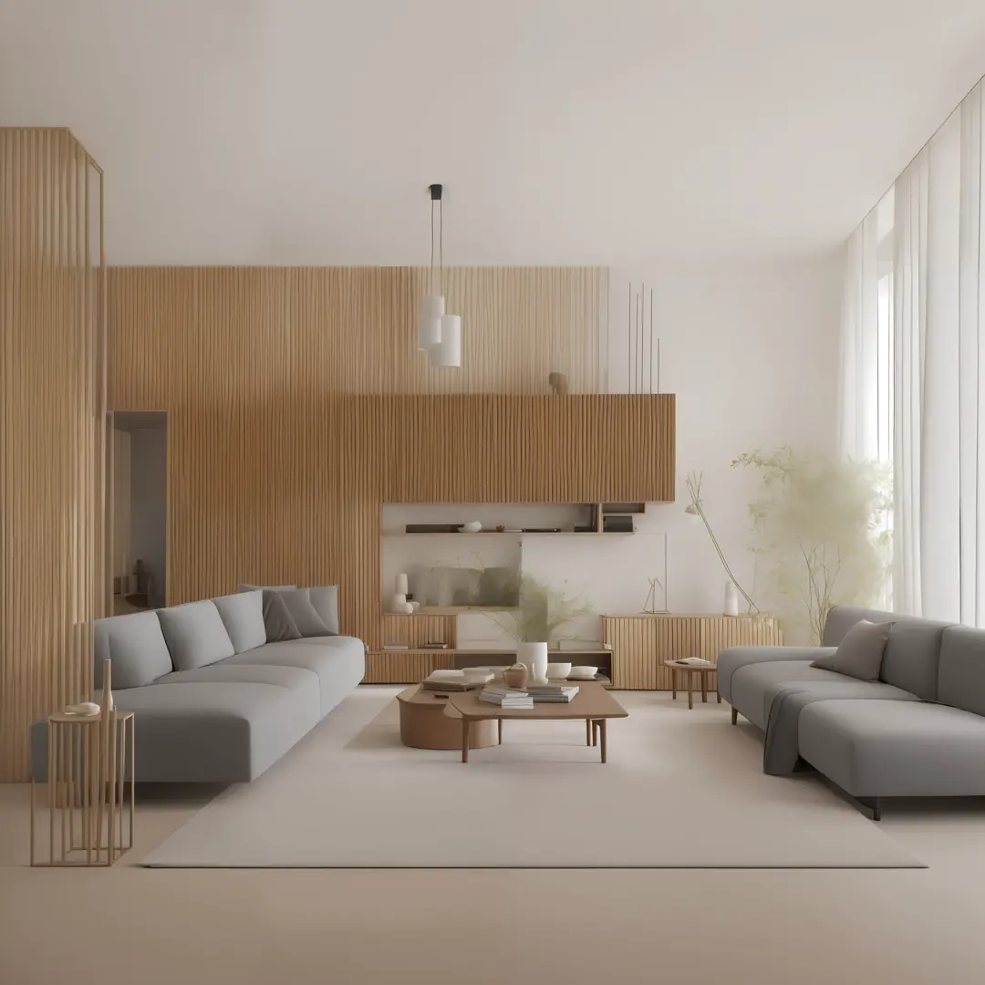 The minimalist living room is designed to provide a calm environment, sereno e funcional, where each element is carefully chosen to create a sense of harmony and simplicity. The color palette will be neutral, with a predominance of tones such as white, cin...