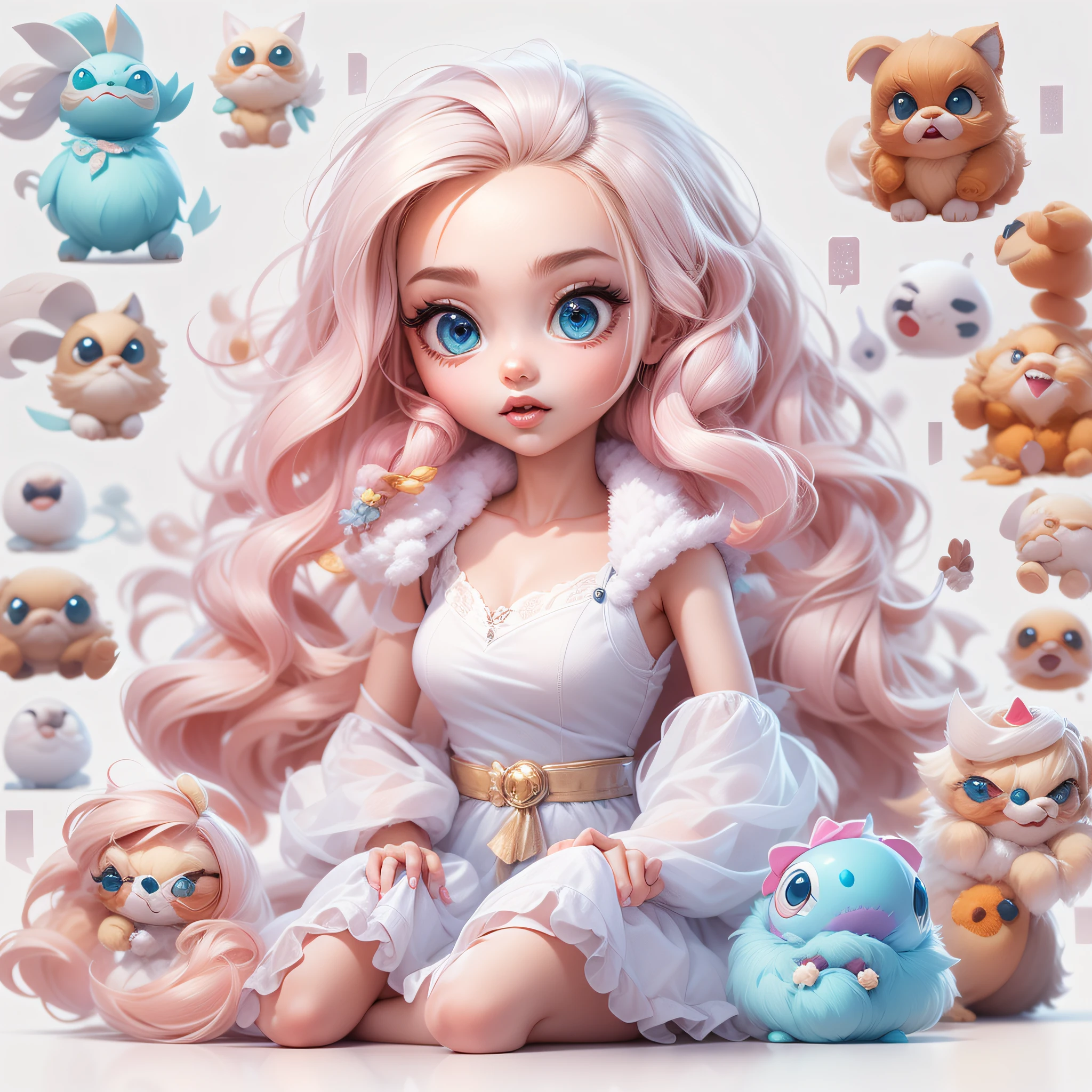 Masterpiece,High Quality,High resolution,The highest resolution,White background,solid color background,transparent background,no background,remove background,Complicated details,Highest quality,game icon,game icon institute,cartoon_style,full body,Cute Fluffy Barbie Monster,all separated