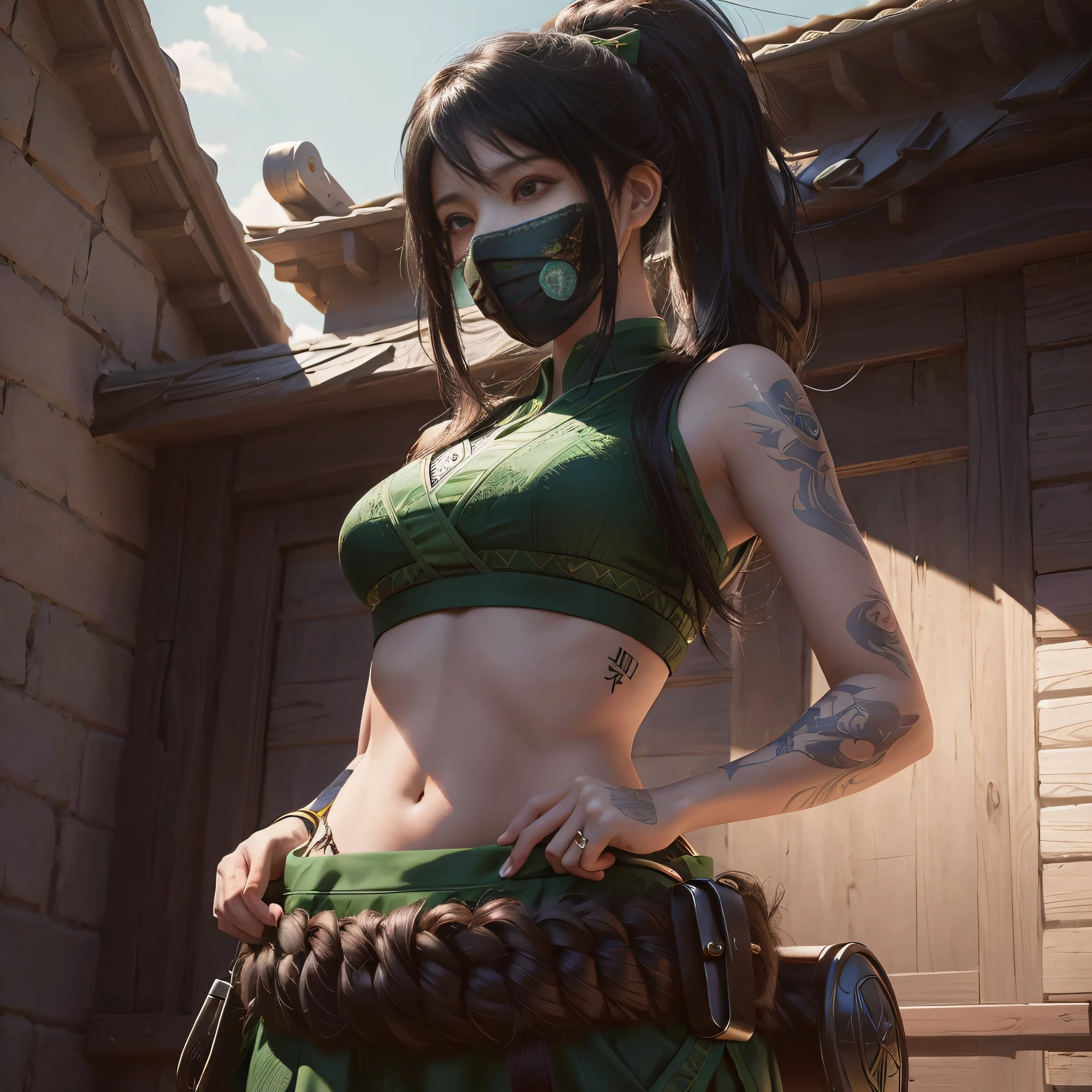 Realistis，tmasterpiece，Best quality at best，best qualtiy，超高分辨率，（Realiy感），（Realiy，Realiy感：1.4），Perfect lighting，Close-up of a woman in a green mask, akali from league of legends, Akali, saints ( valorant ), Extremely detailed Artgerm, Guviz-style artwork, Badass anime 8 K, Artgerm and Atey Ghailan, senna from league of legends, 8K high quality detailed art