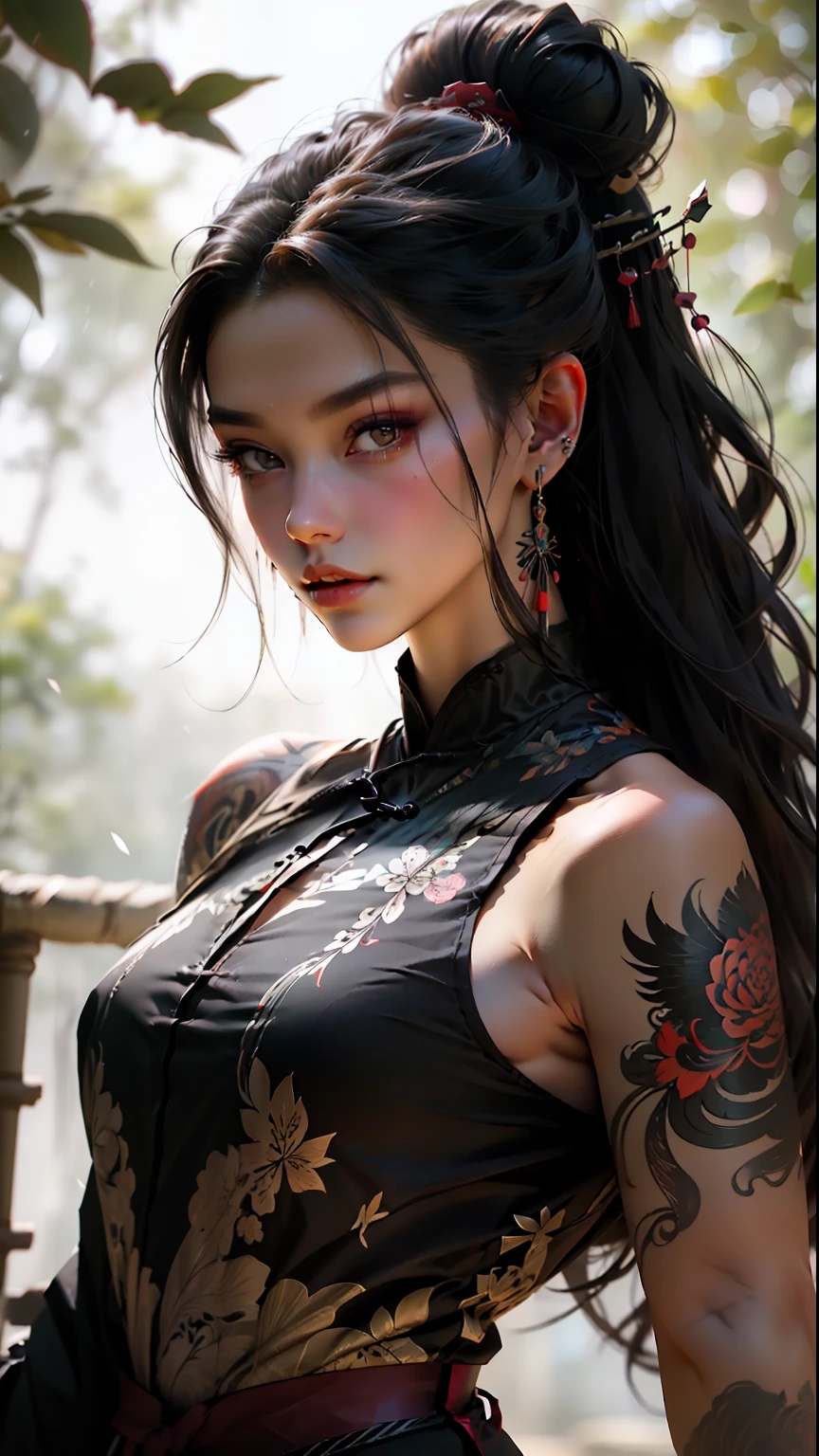 wuxia, arte vectorial, 1mujer de ébano con tatuajes, pelo negro, ropa blanca, ESTAMPA DE DRAGAO, TATUAJE GRAGAO, super colorido, coloración clara, claro, cinematográfico, grados de libertad, 35 milímetros, tinte brillante