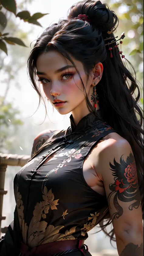 wuxia, arte vetorial, mulher 1ebony com tatuagens, cabelo preto, roupas brancas, ESTAMPA DE DRAGAO, TATUAGEM DE GRAGAO, super co...