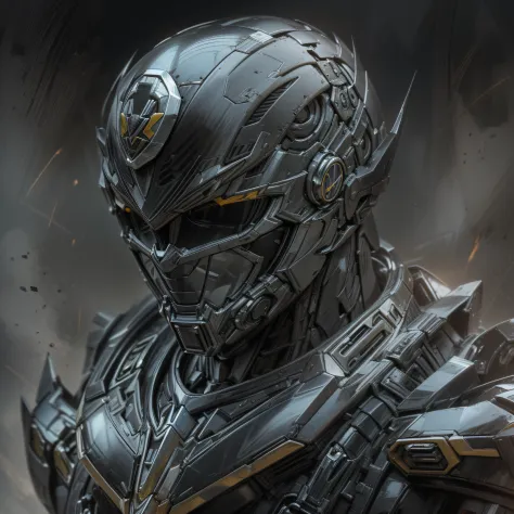 handsome man, made of black metal, (black cyborg: 1.1), (((black power ranger's style helmet with chrome face plate))), ([tail |...