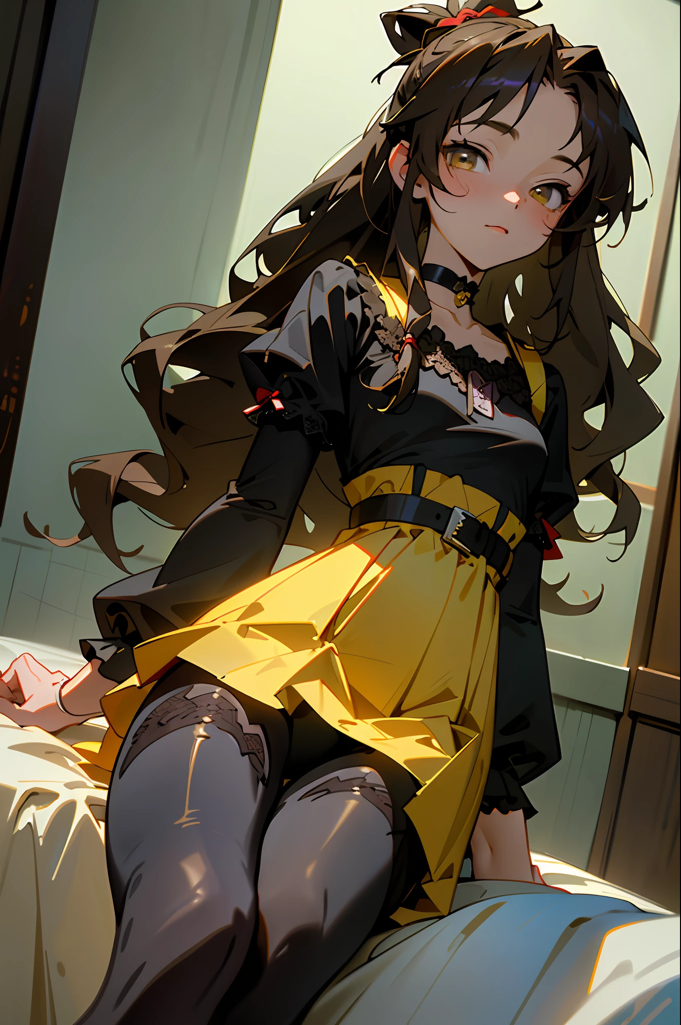 (top-quality:1.1), (​masterpiece:1.4), (absurderes:1.0), portlate, a closeup,
1girl in、yuuki mikan、brown haired、yellow  eyes、hair adornments、length hair、top knot、hair wavy、、Black lace underwear、garterbelts、fishnet tights、a choker、looking at the viewers、Bedroom