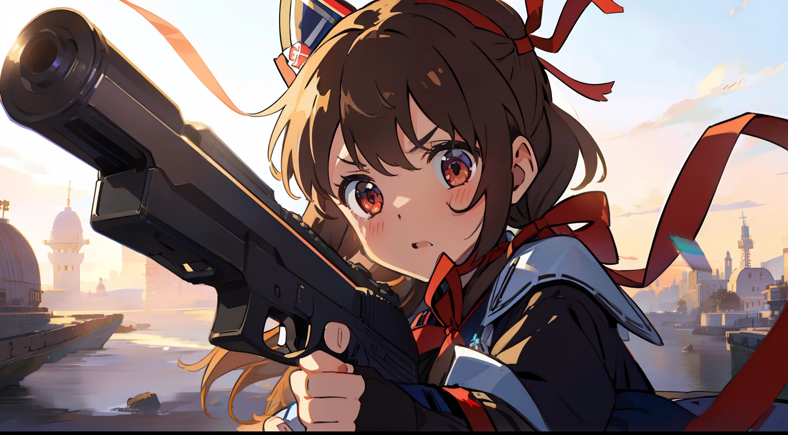 One girl、Have a gun、battle garments、Ribbon on the head、​masterpiece、Top image quality、top-quality、cute little、uneasy、Brown hair、１Tsuknot