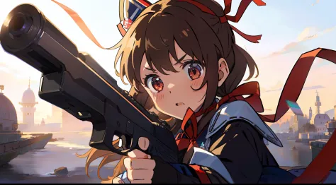 One girl、Have a gun、battle garments、Ribbon on the head、​masterpiece、Top image quality、top-quality、cute little、uneasy、Brown hair、...