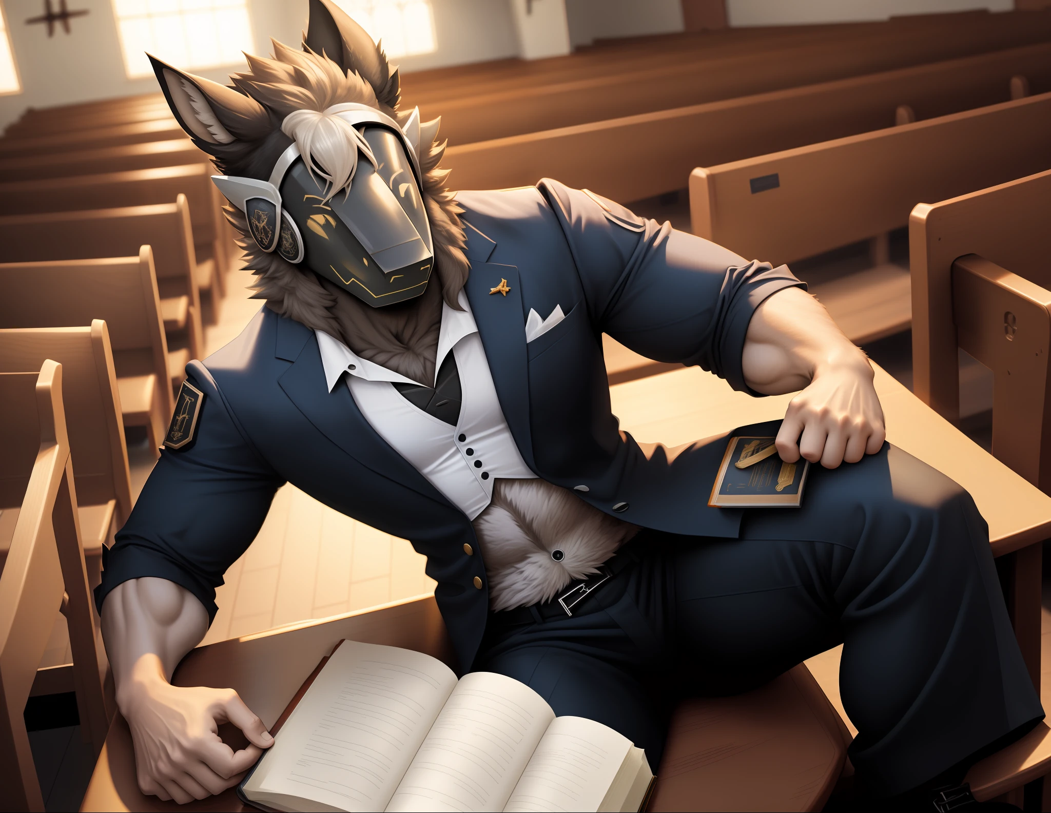 Male protogen muscles male muscles suit and tie sexy sexy maculino hairy hairy protogen sexy muscle sitting in the pew of the Adventist church with bible in hand