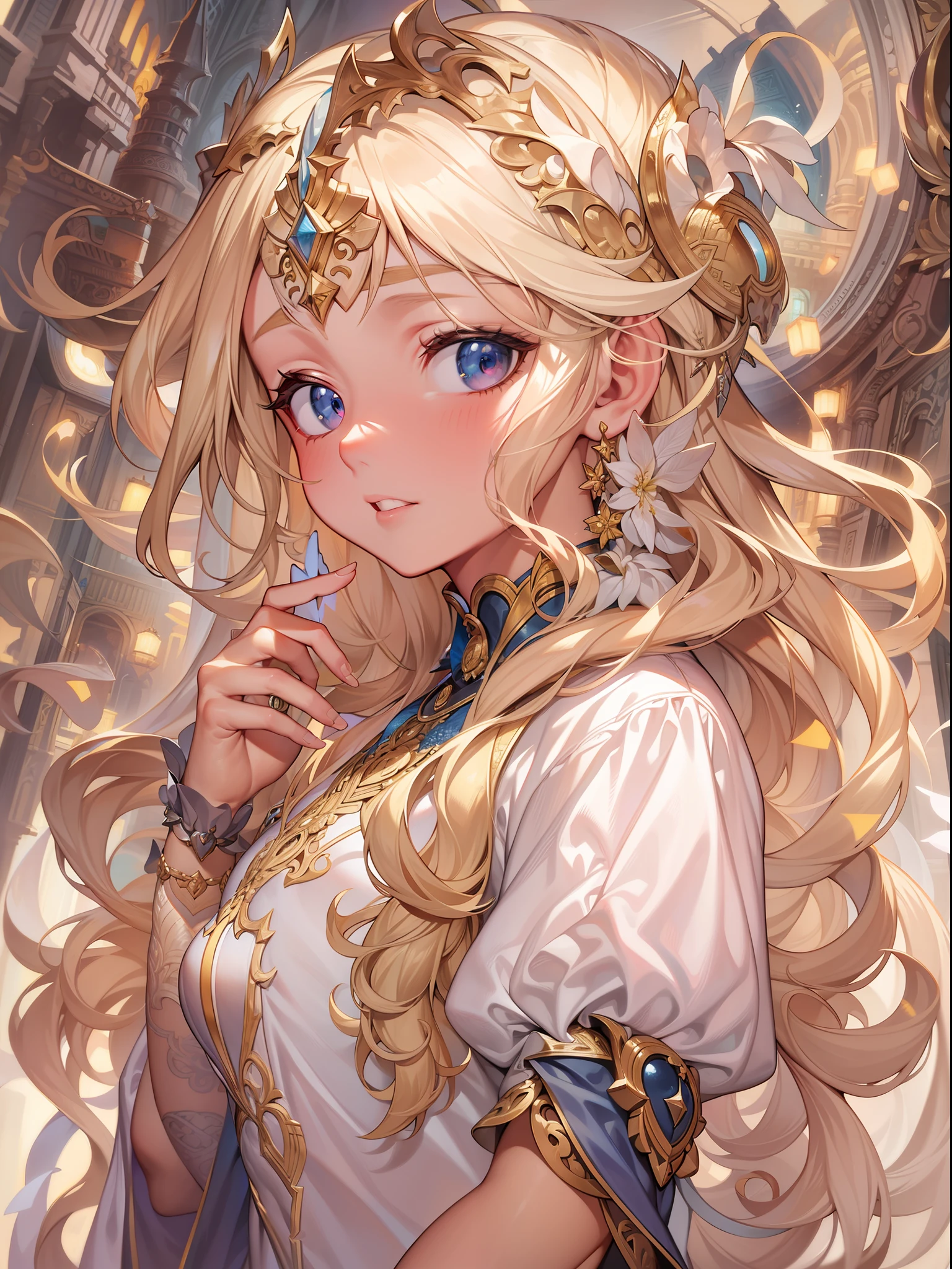 intricate artwork masterpiece, 
best quality highres,
Detail eye expression,blond hair,
sorceress, pretty, cutie, charming,
concept art,
various color,