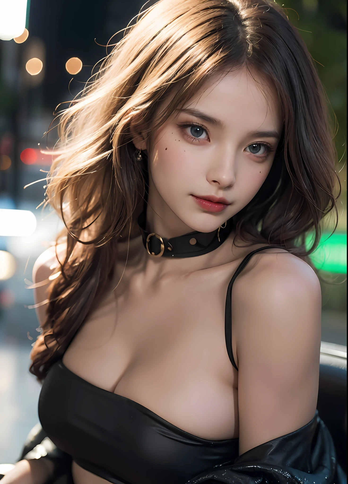 mix4, (8k, RAW photo, best quality, masterpiece: 1.45), (realistic, photorealistic: 1.37), one girl, cute, incredibly cute under eye moles, cityscape, night, rain, wet, professional lighting, photons mapping, radiosity, physically based rendering, gradient black hair, gray hair, short curly hair, handsome, girl, loose black lace(((Deep V-neckline)))slip dress, top quality photo, high res, 1080p, (clear face), (detailed face description), (detailed hand description), (masterpiece), (exquisite CG), extreme light and shadow, disheveled hair, master work, rich details, (fine facial features), (highest quality photo), (masterpiece), (detailed eyes), look in front of you eyes, fine clavicle, ((big breasts, huge areola)),(((areola_slip))),((puffy areolae)),((sideboob)),(underboob),(((collar))),earrings,cleavage,(NSFW:1.2)