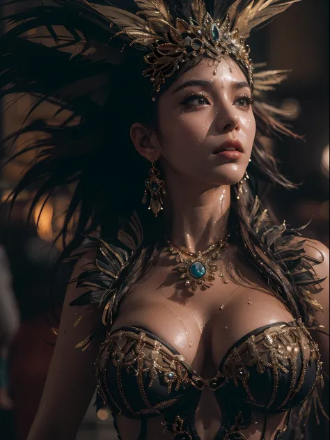 a woman, (wearing samba dance dress:1.2), carnival, black dress, good hand,4k, high-res, masterpiece, best quality, head:1.3,((Hasselblad photography)), finely detailed skin, sharp focus, (cinematic lighting), soft lighting, dynamic angle, [:(detailed face...
