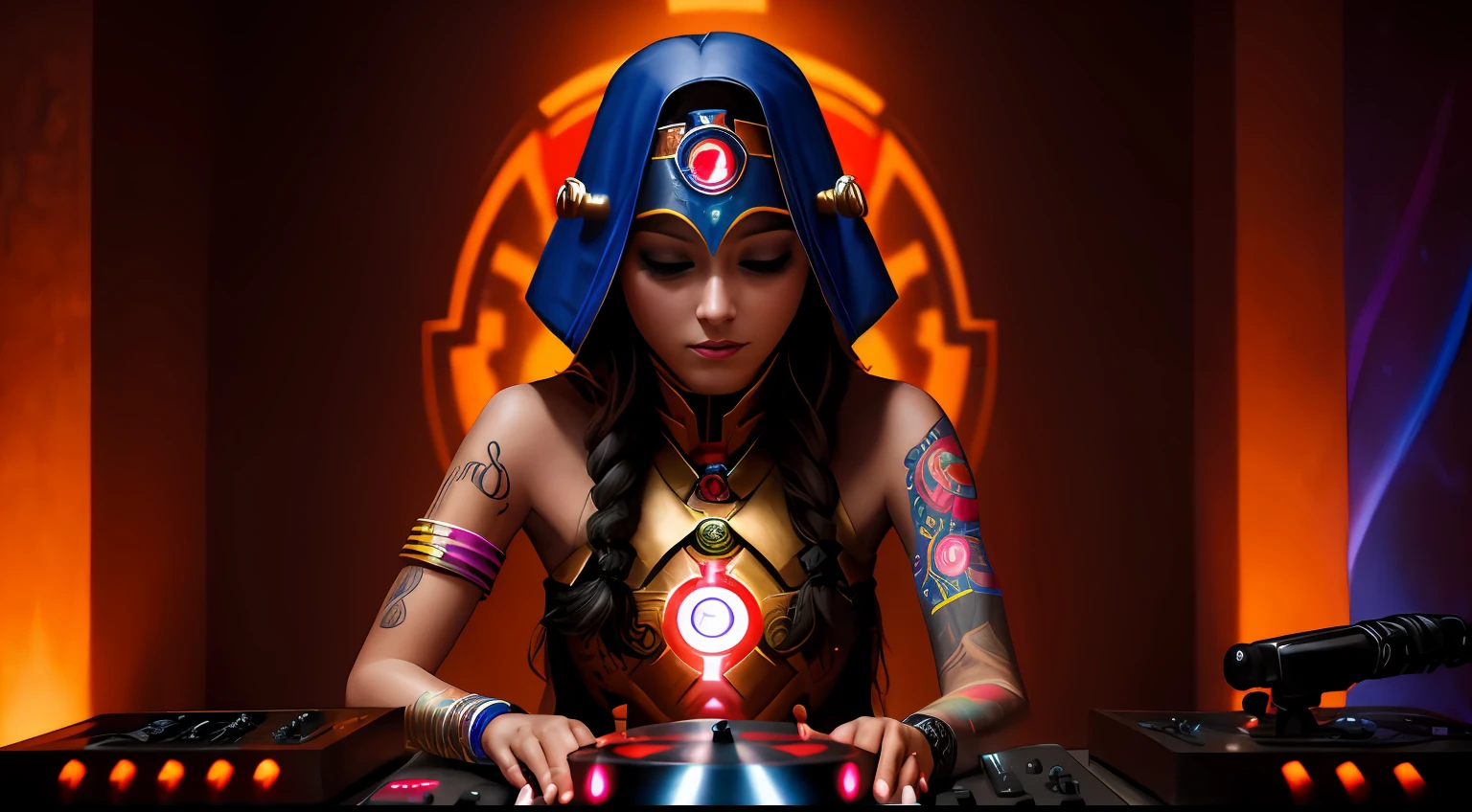 年轻的密宗女祭司，身上有纹身，戴着钢铁侠面具，在超现实主义照片寺庙的 DJ 转盘上混音——自动