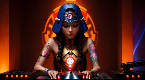 Young tantric priestess with percings tattoos and an ironman mask on her body mixing on a dj turntable in an ultra-realistic pho...