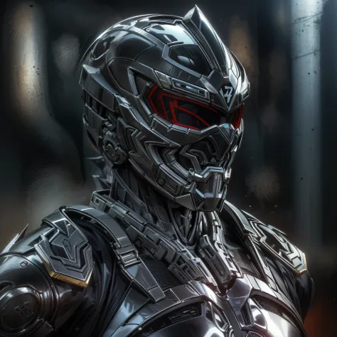 half body image, handsome man, made of black metal, (black cyborg: 1.1), (((black power ranger's style helmet with chrome face p...