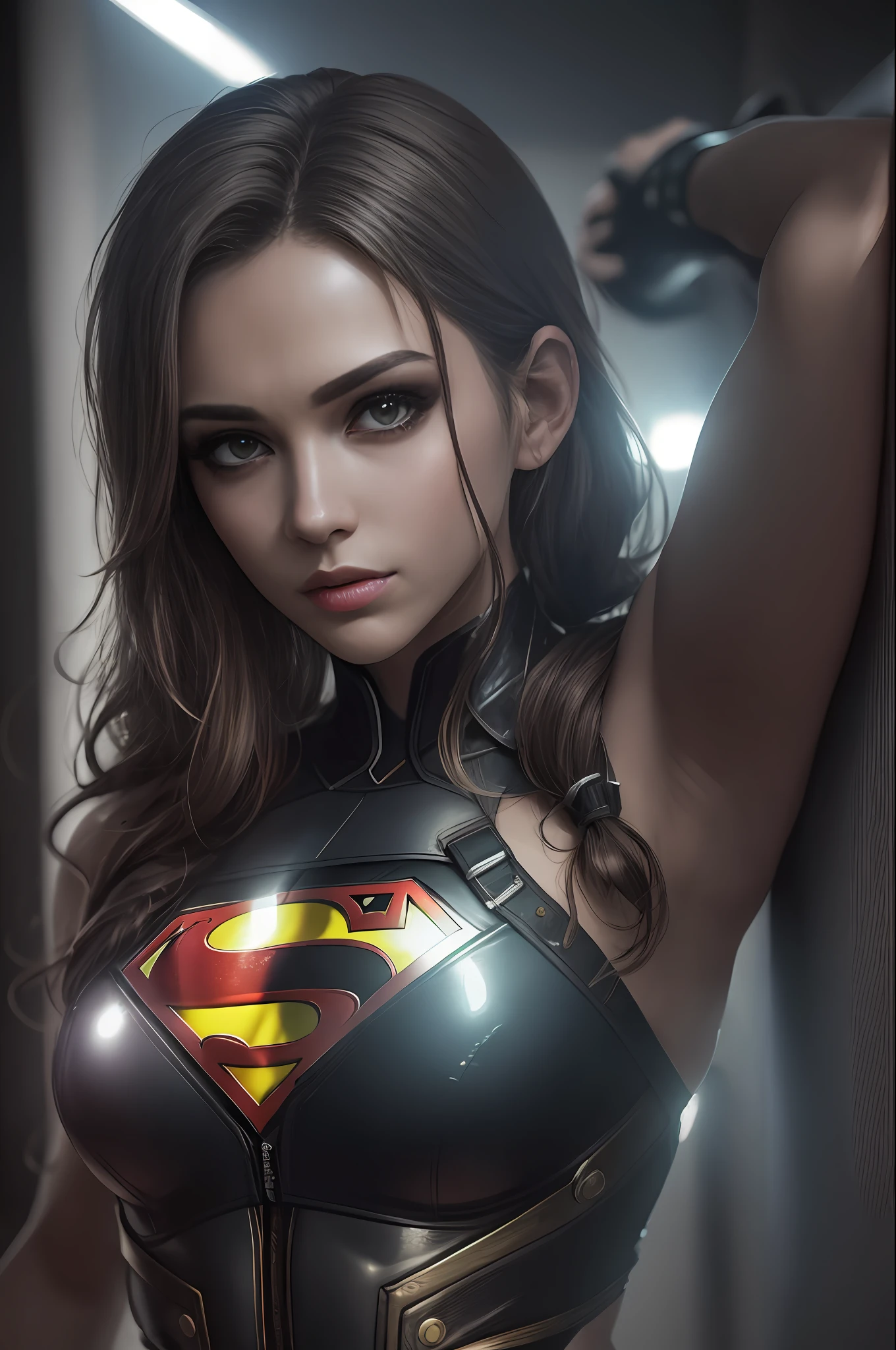 Beautiful full body photo of Reika, black latex bodyshuit with superman S symbol on chest, straight blonde hair, scientific fiction, cyberpunk city in the background, Gantz, No Cyberpunk 2077 style, ultra realistic photo face of a beautiful woman, Supergirl masterpiece, best qualityer, CG, wall-paper, HDR, high qualiy, highes definition, extremely detaild, {belo face detailed}, {beautiful detailed blue eyes}, (detailed light){{intricate-detail}}, {highres},  ((face detailed)), rosto extremely detaild, beautiful  face, {{ young woman with blonde hair}}, jewel eyes, neon lig, clair obscur, anime styling, visual chave, intricate-detail, highy detailed, breath-taking, Vibrant, cinematic adult film, 18+, Nsfw,  ,  superman S symbol in the background. --auto --s2