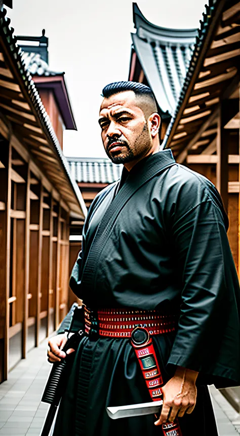 arafed man in a black robe holding a sword in a courtyard, vestido com velho uniforme samurai, retrato samurai, samurai foto ret...