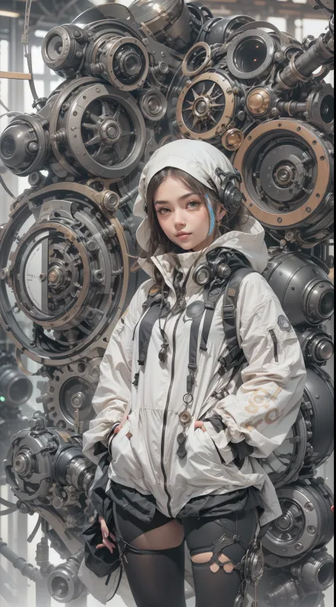 1cute girl with techwear clothes, mechanic spider, circles, fractals, by Yoshitaka Amano