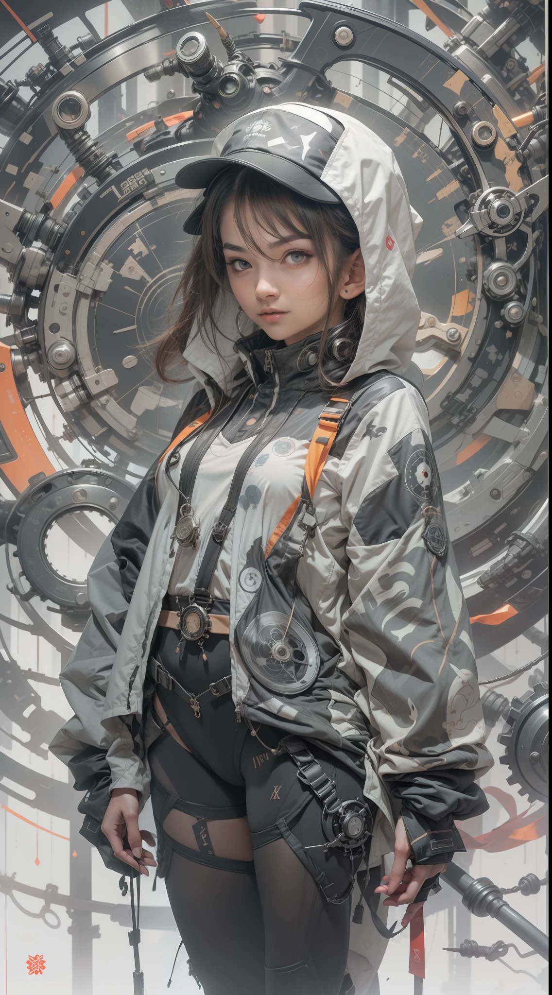 1 jolie fille avec des vêtements techwear, araignée mécanique, cercles, fractales, Par Yoshitaka Amano