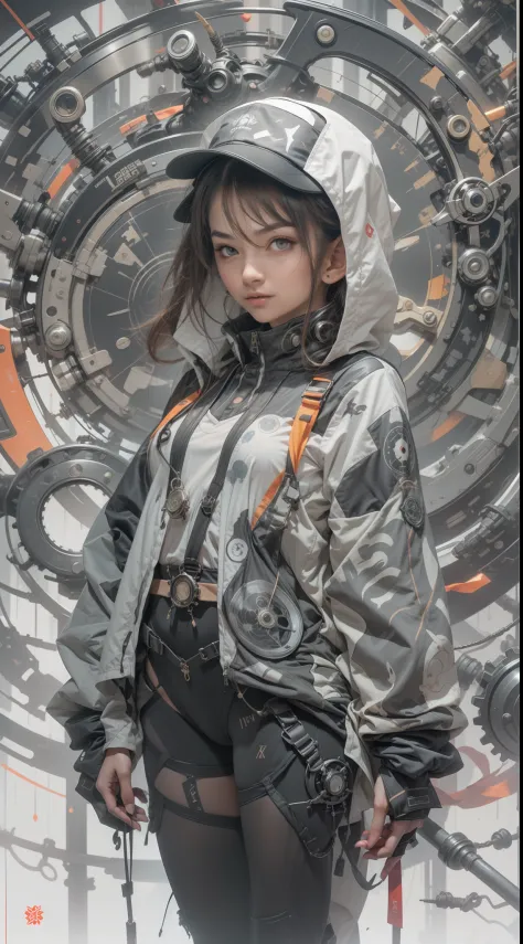 1cute girl with techwear clothes, mechanic spider, circles, fractals, by Yoshitaka Amano