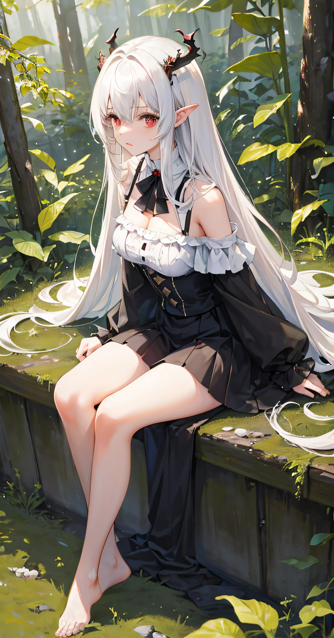 ((Masterpiece)), (A high resolution), (Best quality), (Ultra-detailed), (illustration), Original, Extremely detailed 8k wallpaper, ((1girll)), (An extremely delicate and beautiful), forest, Sunlight, Light particles, Loli,Cute, ((Disheveled hair)), Very long light white hair, Red eyes, Bare shoulders ,delicate leg, Black skirt , devil horns,looking at viewert,Sitting,From the side Side, little breast,