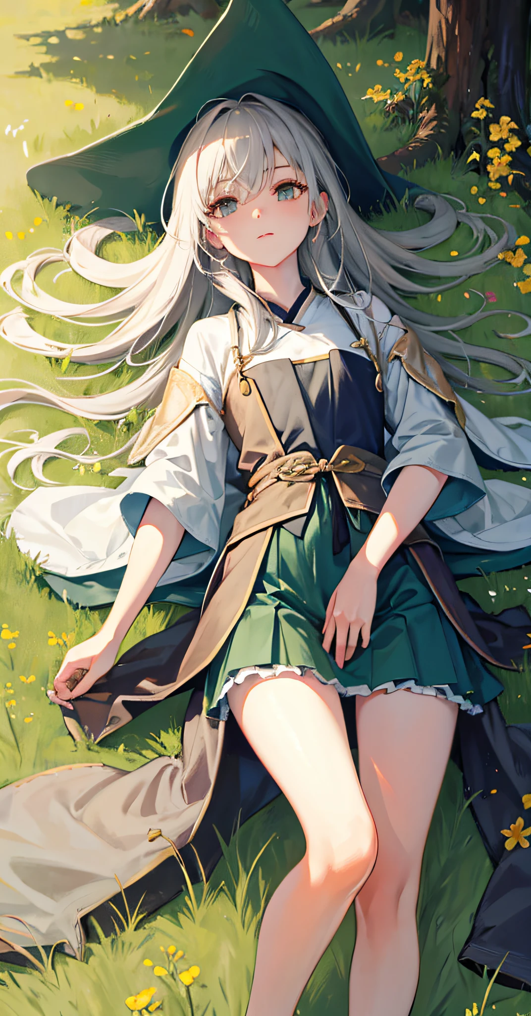 In the evening, Fantasy girl lying on grass,A green wheat field,The backrest is on the body of the tree, with extremely beautiful facial features, Long hair, elegant hair, Red Hanfu, Layered skirt, Dynamic posture, Long gray hair，Looking into the distance, Perfectcomposition, Small rivers, Starlight, Firefly, White flowers, looking down below,delicate leg,