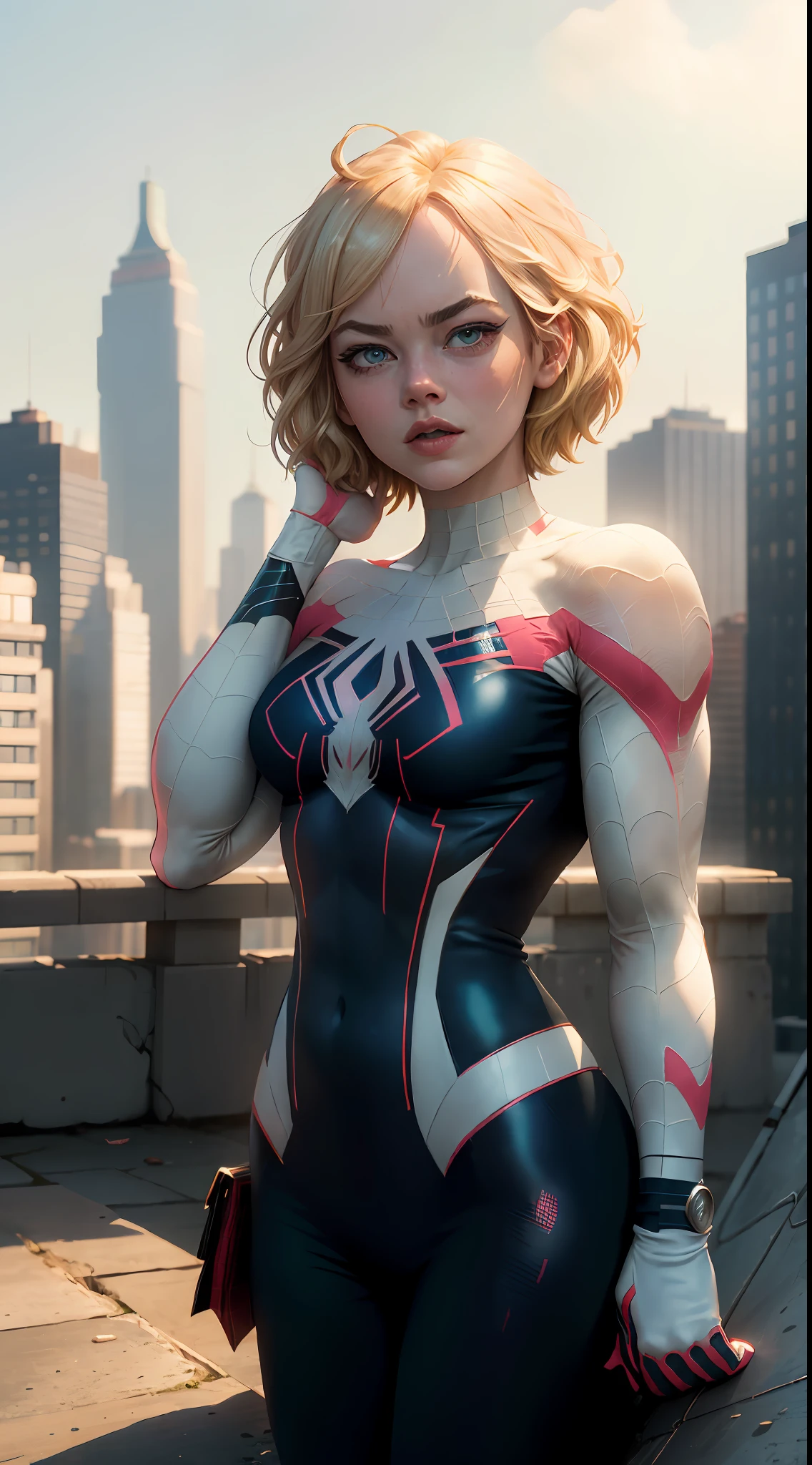 ((young Emma Stone)), ((Gwen Stacy)), (Masterpiece, 4k resolution, ultra-realistic, very detailed), (white superhero theme, charismatic, on top of town, wearing white Spider-Gwen costume, she's a superhero), [((25 years), (short blonde hair:1.2), full body, (blue eyes:1.2), ((Spider-Man pose), show of strength, standing on a roof), ((sandy urban environment):0.8), (cityscape, dynamic lights), (sunlight))]