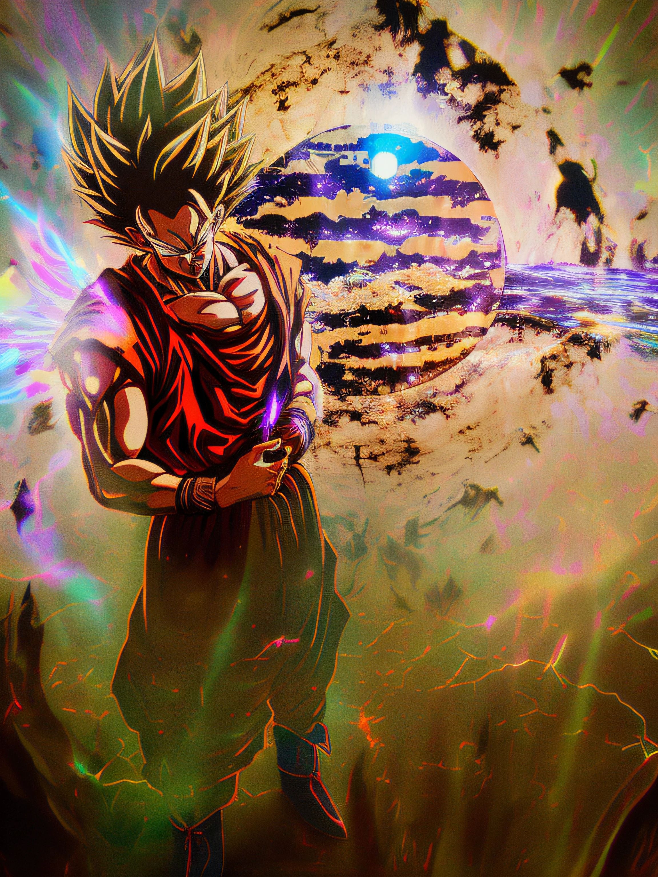 Uma foto obra-prima premiada de um super saiyan com cores psicodélicas de ki aura. planeta Namek em pé à noite com corpos celestes extremamente detalhados. 8K, (alta qualidade:2), (Sensação cinematográfica:1.5), sombras escuras e profundas, detalhes incrivelmente intrincados, belas artes , (de perto:1.4), olhando para o espectador, (brilhos de luz:0.3), (Aberração cromática,:1.3) fundo com artefatos de luz flutuantes