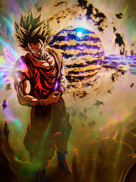 An award winning master piece photo of a super saiyan with psychedelic ki aura colors. standing planet namek at night with extre...